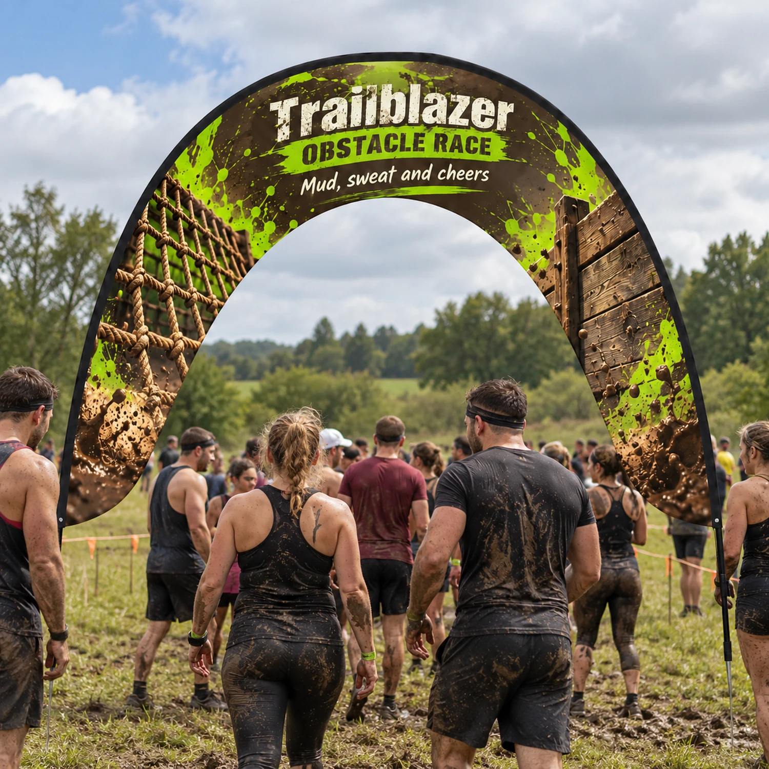 Fibreglass Arch Flag 4m x 3.2m with Ground Spikes in use at an event