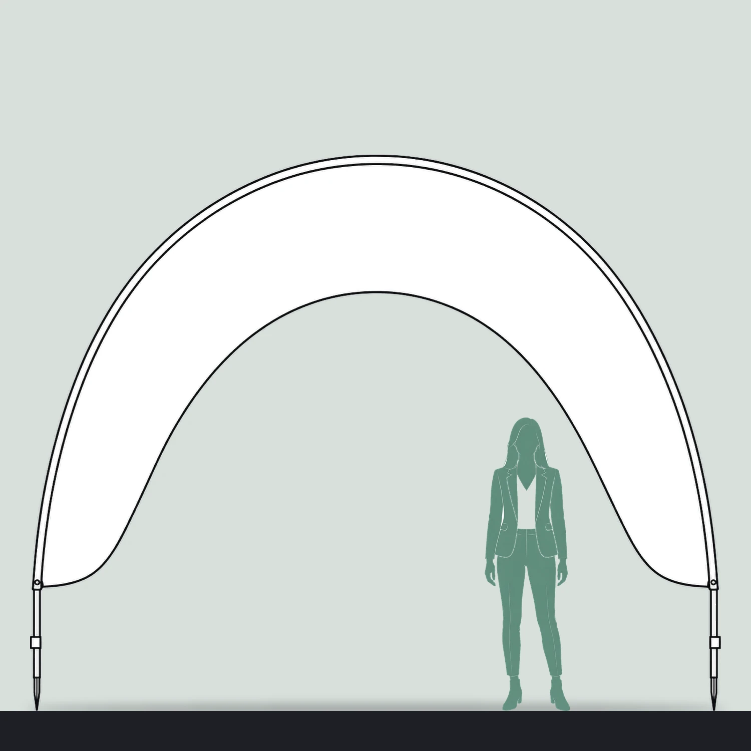 Fibreglass Arch Flag 4m x 3.2m with Ground Spikes size compared with a person