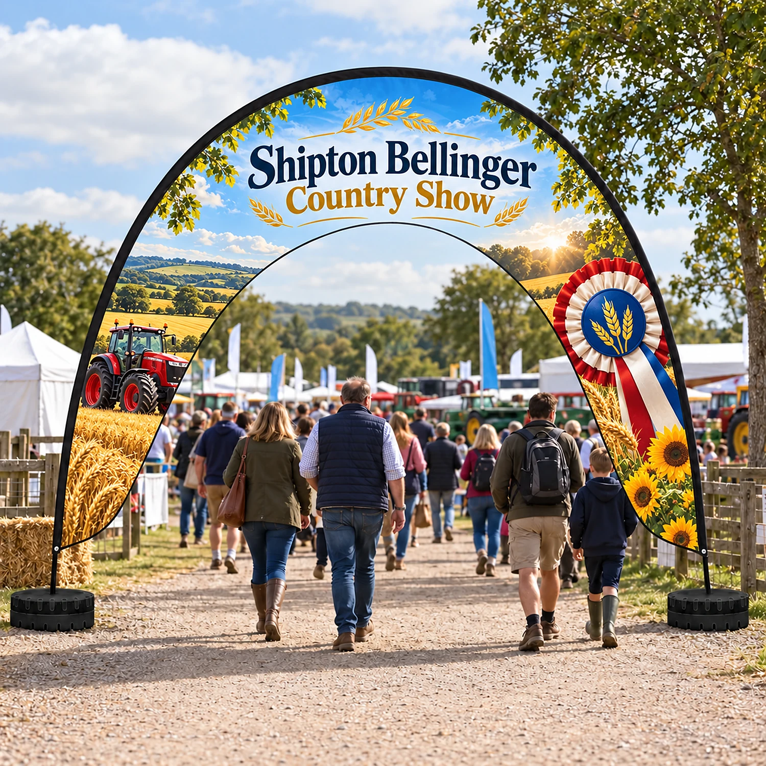 Fibreglass Arch Flag 4m x 3.2m with Two Parasol Bases, shown with example artwork