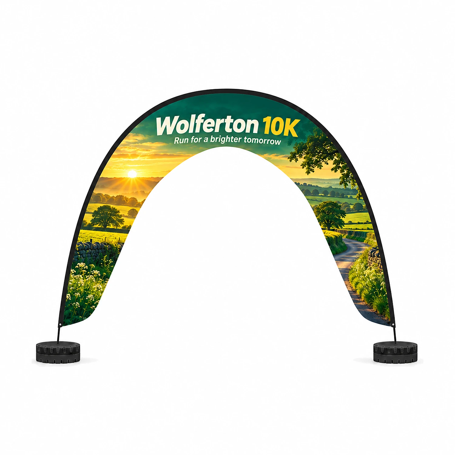 Fibreglass Arch Flag 4m x 3.2m with Two Parasol Bases, shown with example artwork