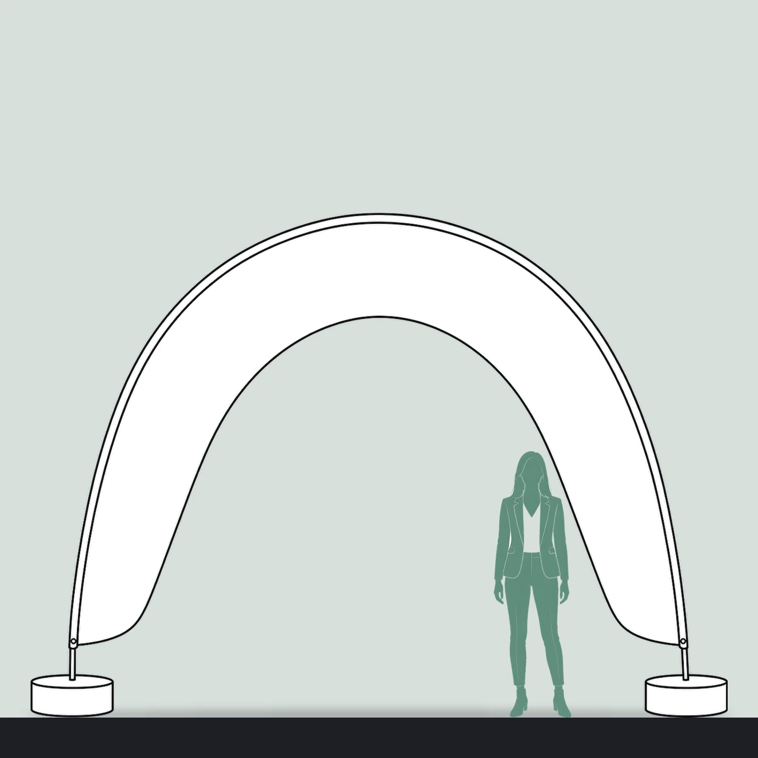 Fibreglass Arch Flag 4m x 3.2m with Two Parasol Bases size compared with a person