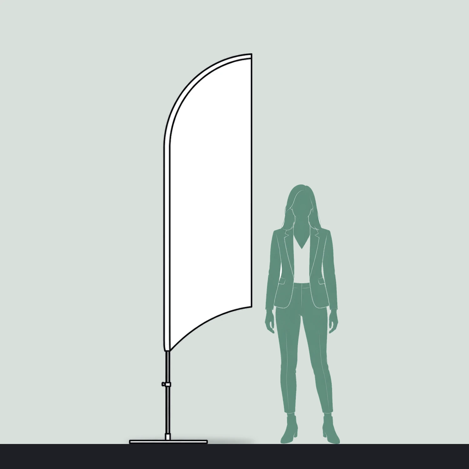 Fin Flag Small, 2.56m Tall size compared with a person