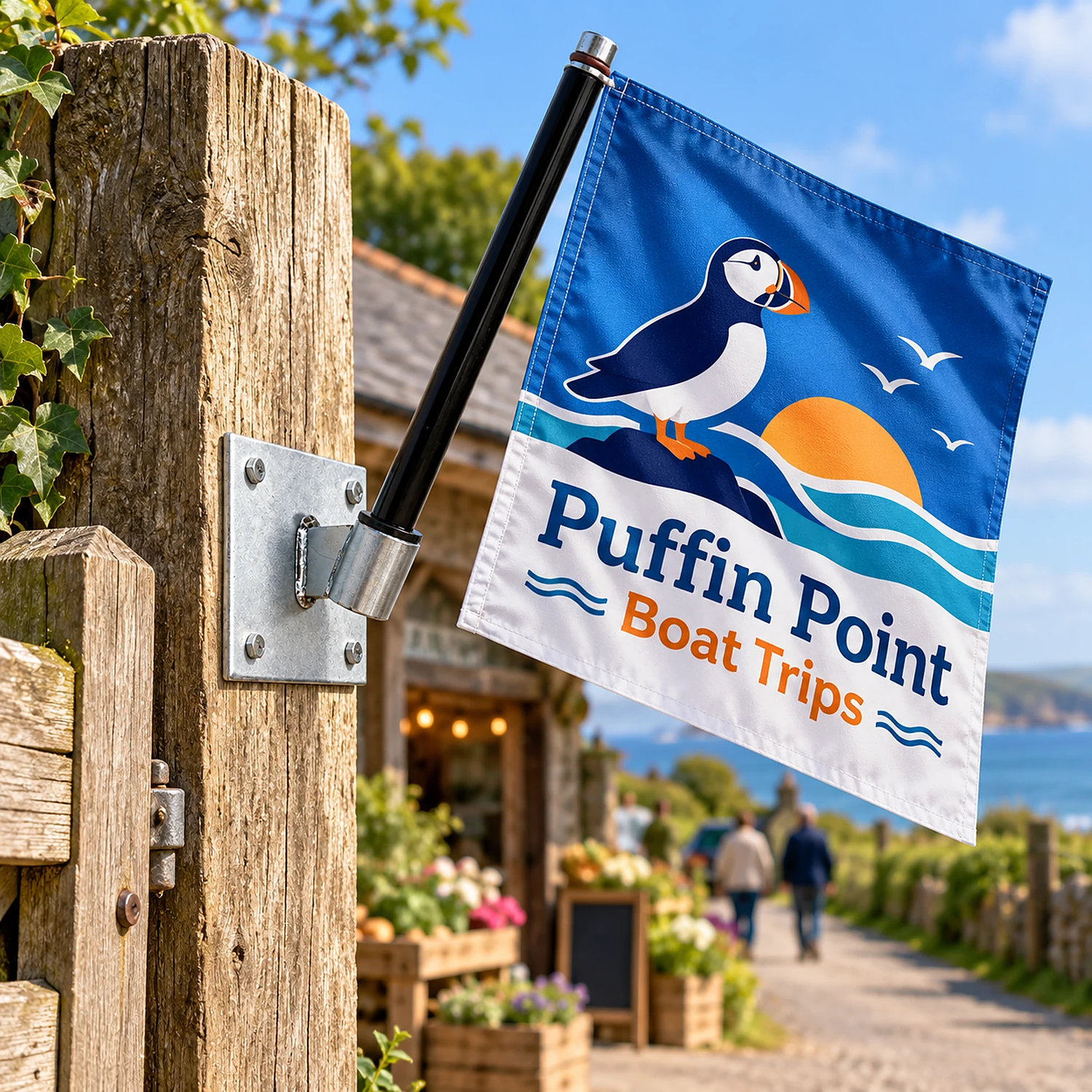 Angled wall mount on a timber gate post holding a flag