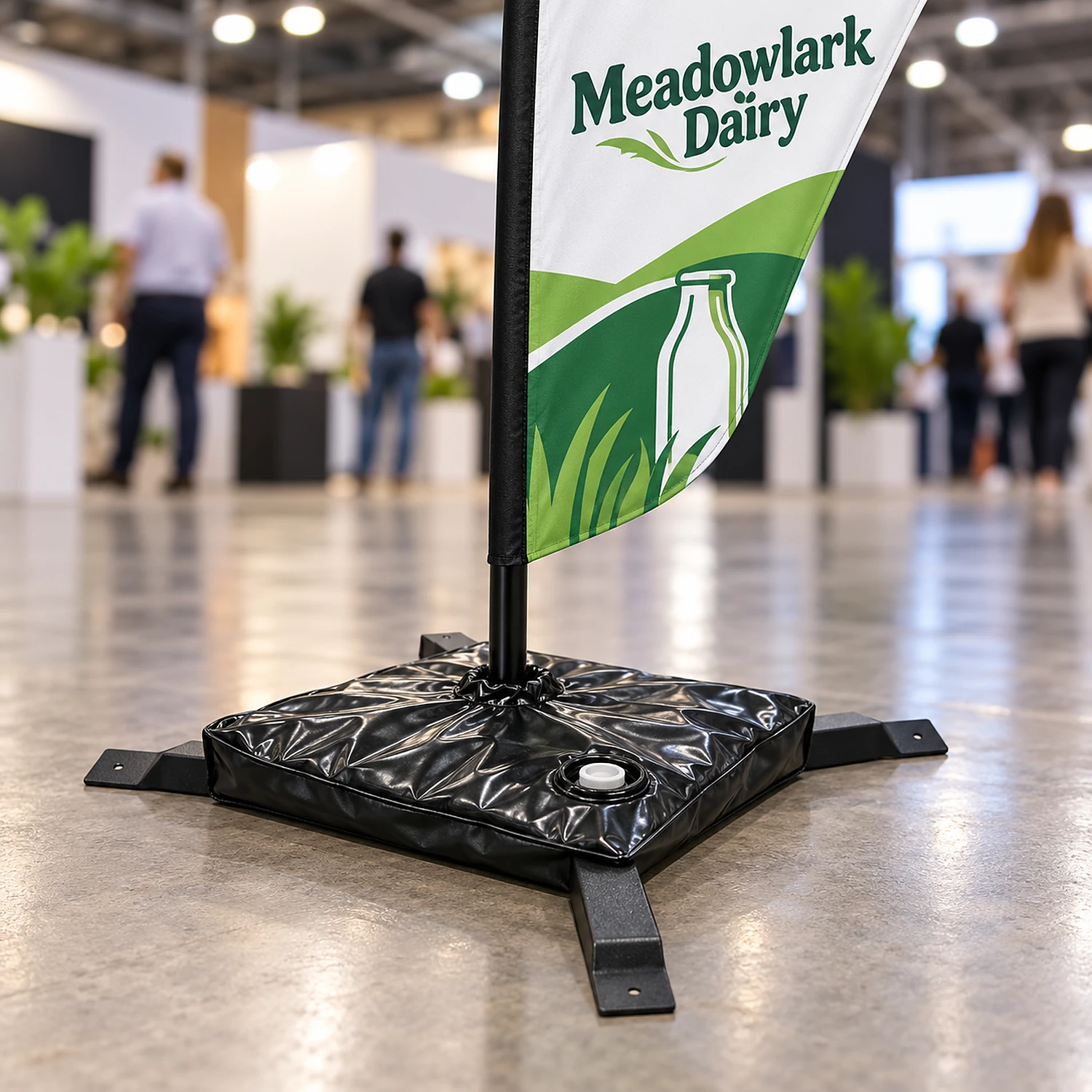 Large flag cross base with its weight bag holding a large flag indoors