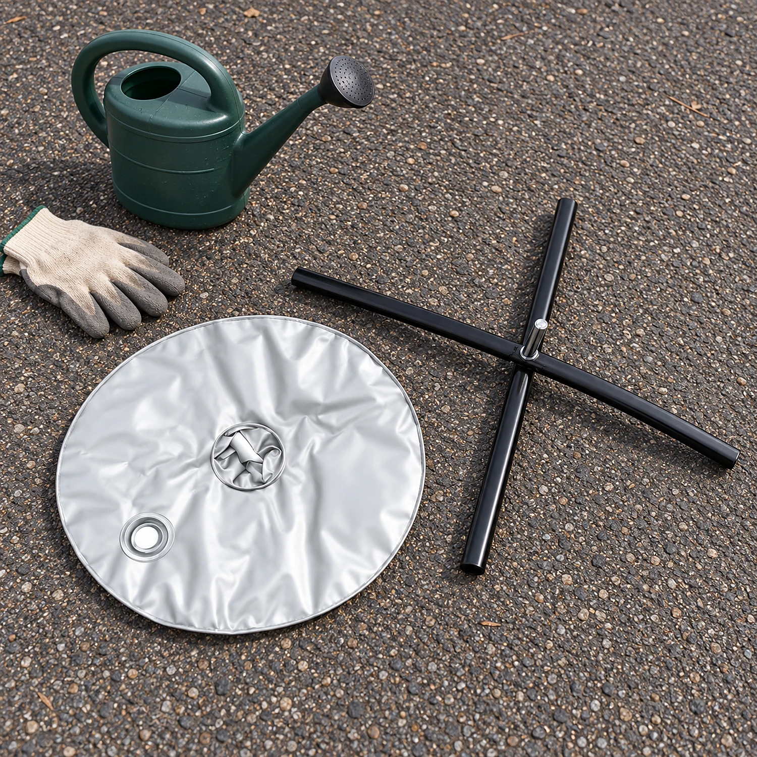 Flag cross brace and silver weight bag laid out before set-up