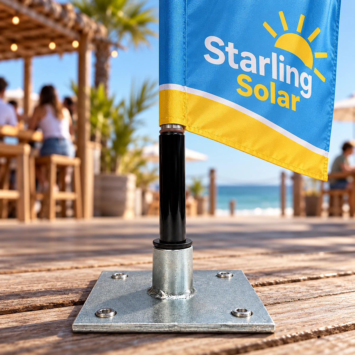 Floor mount bolted to beach bar decking holding a flag