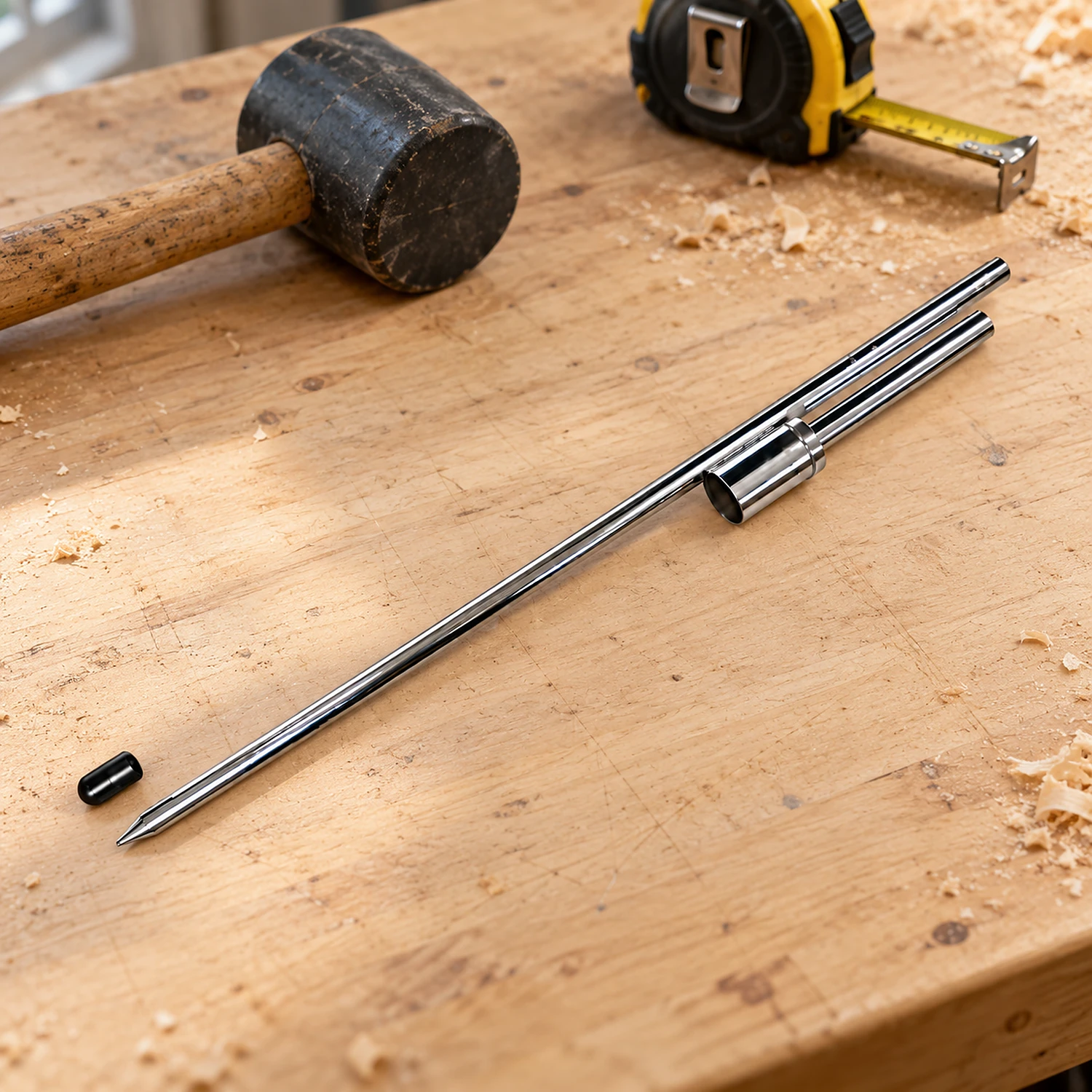Metal ground spike parts on a workbench beside a mallet