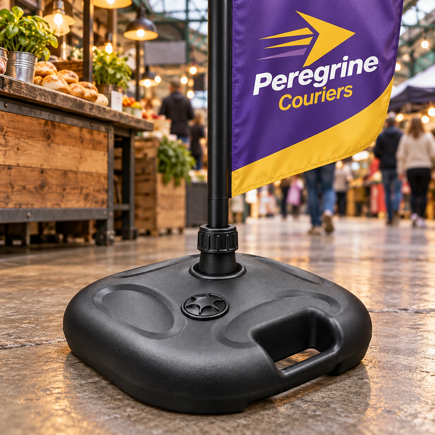 Basic parasol flag base holding a flag at a food market
