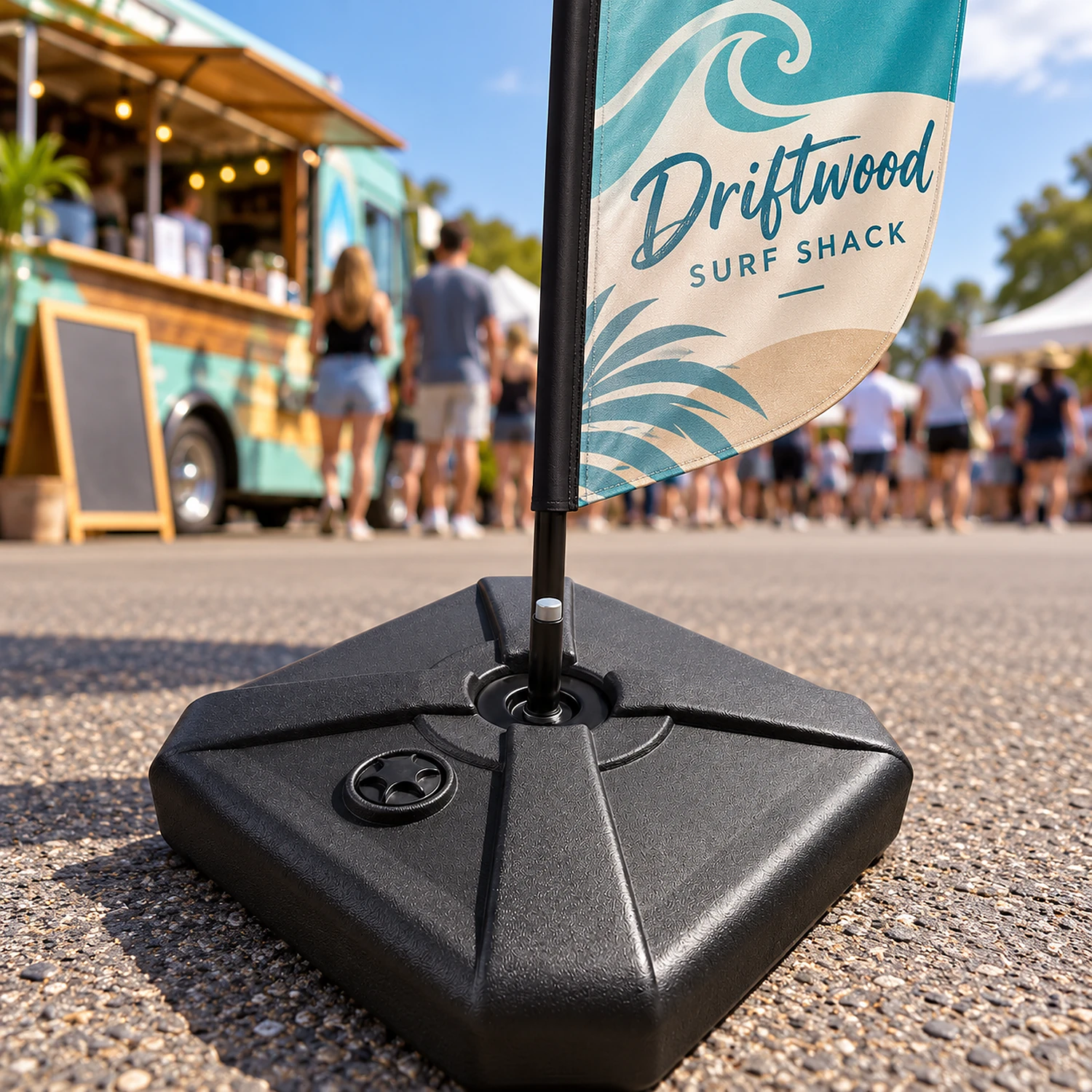 Medium parasol flag base holding a small flag at a festival