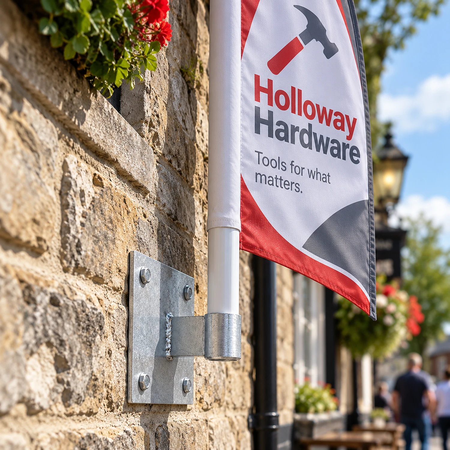 Straight wall mount holding an upright feather flag on a pub wall