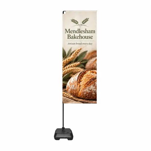 Flamingo Economy Flag 2.68m Tall with Fillable Base, shown with example artwork
