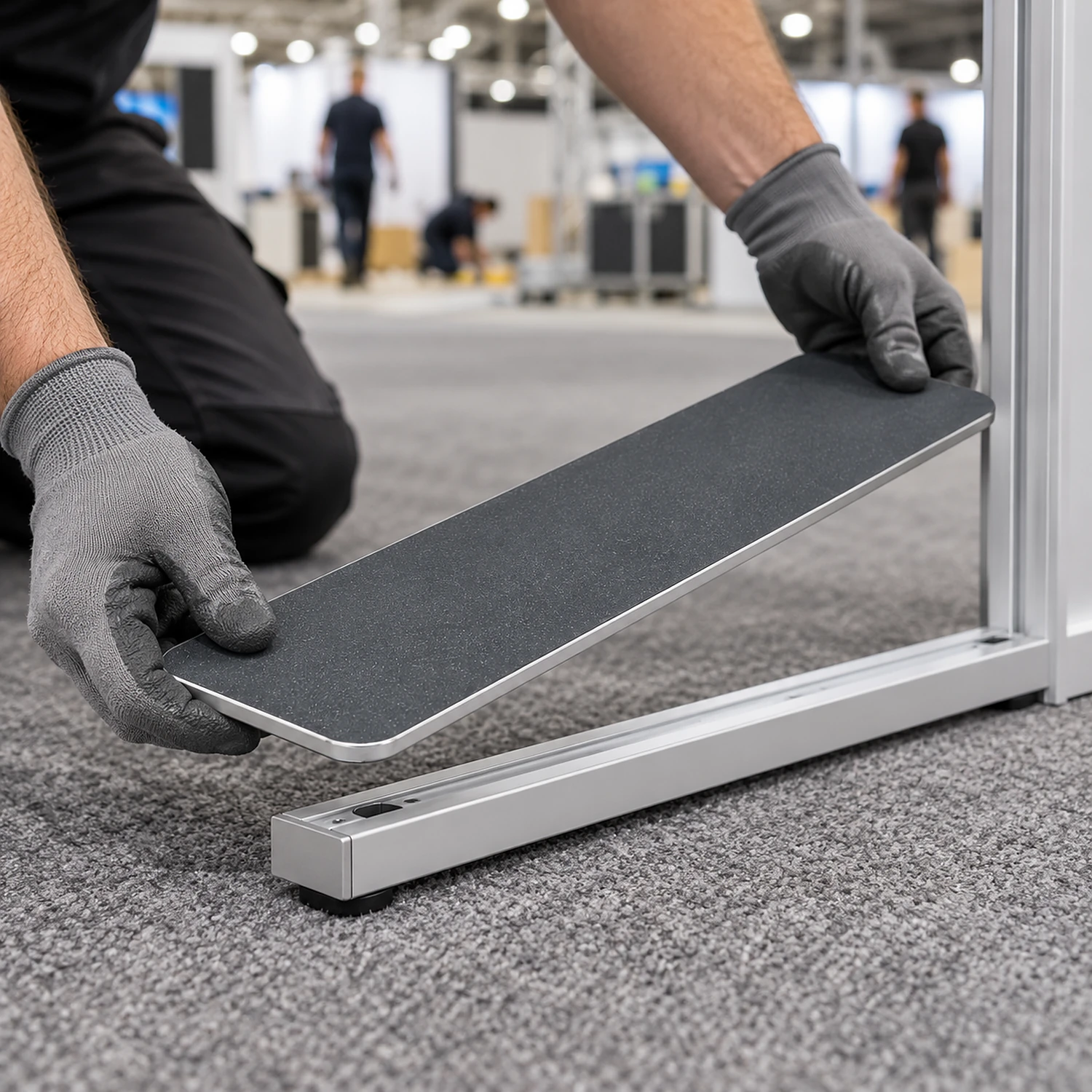 Flat stabilising foot held ready to fit during build-up