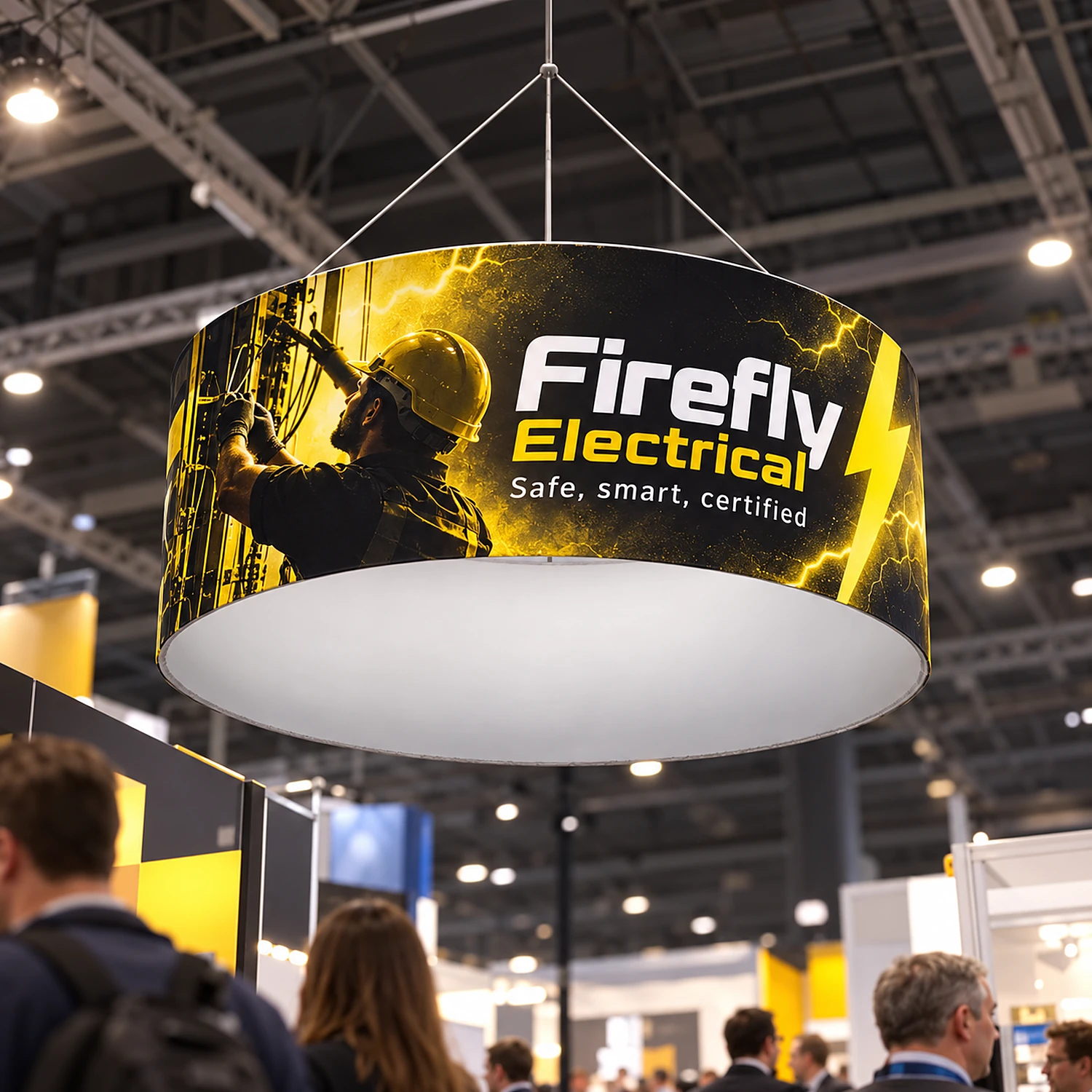Formulate Circular Hanging Banner in use at a trade show