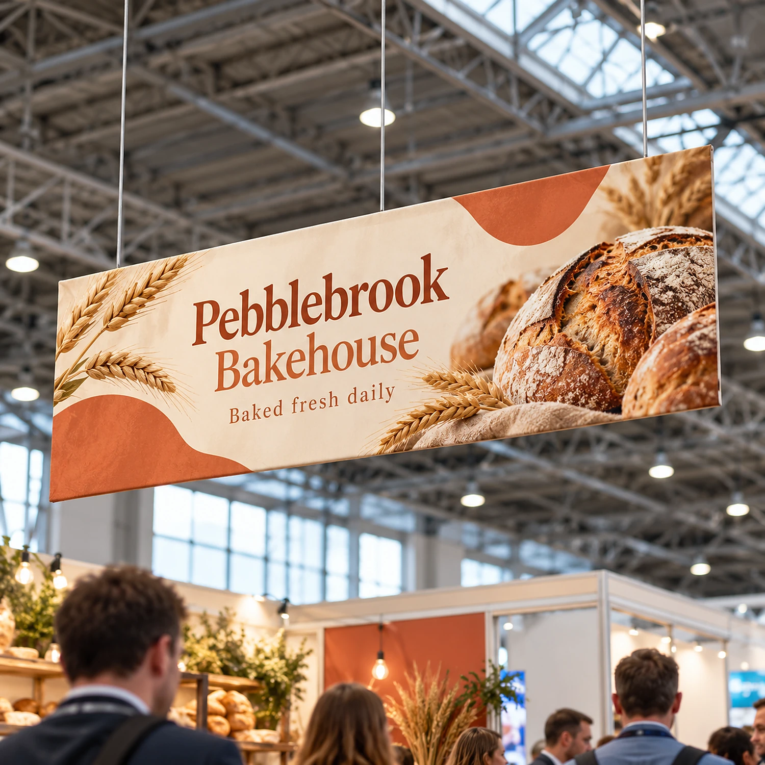Flat hanging fabric panel suspended above a trade show stand