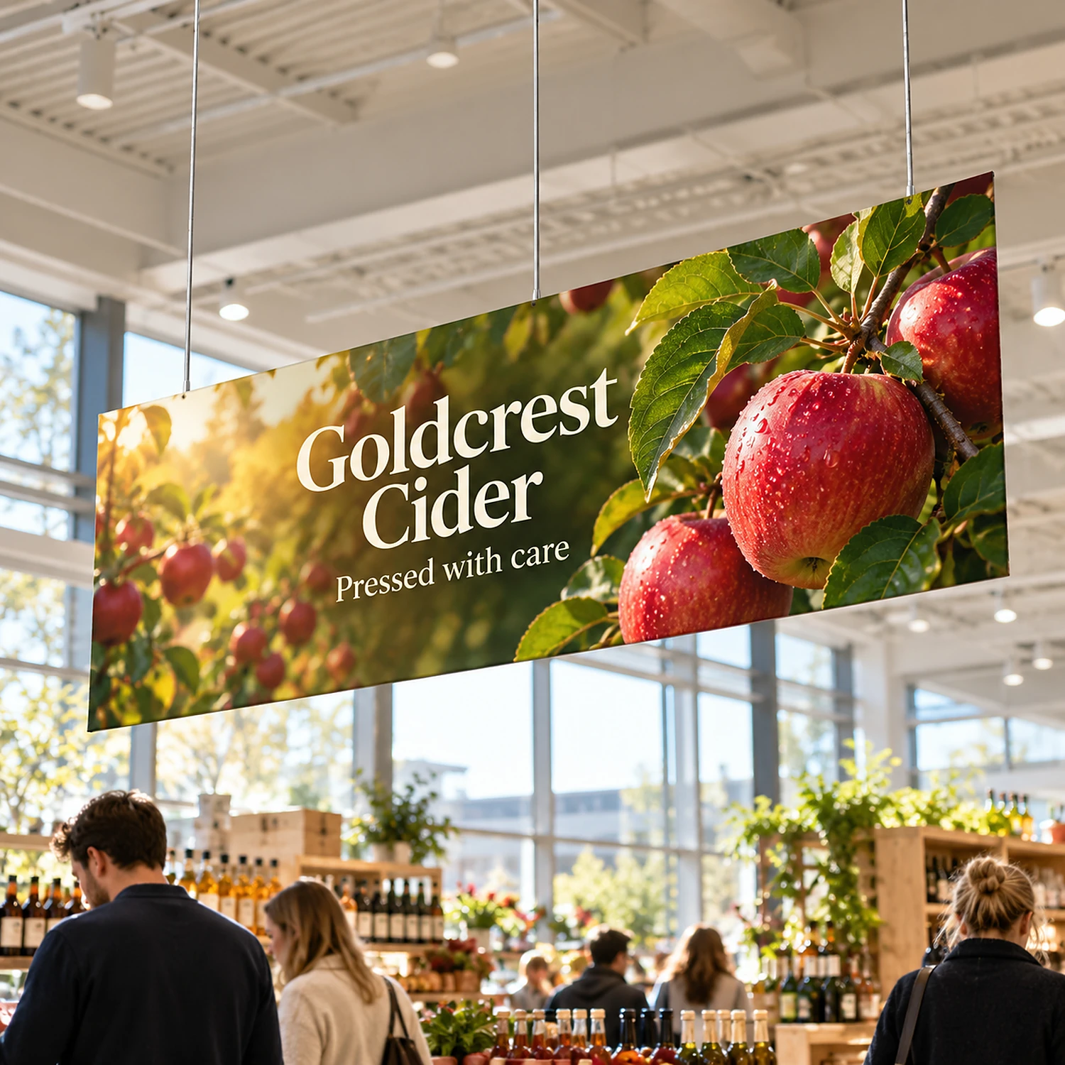 Flat hanging fabric panel suspended in a retail store