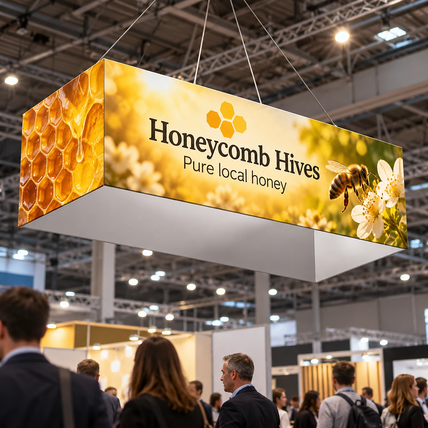 Formulate Rectangular Hanging Banner in use at a business expo