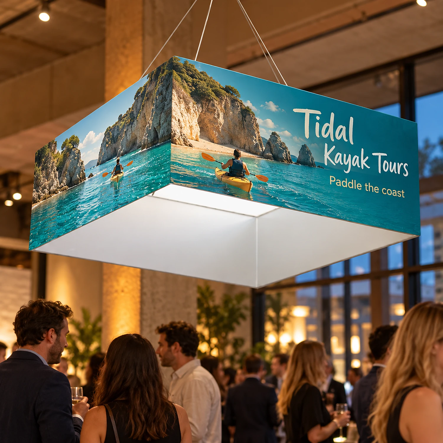 Formulate Square Hanging Banner in use at a product launch event