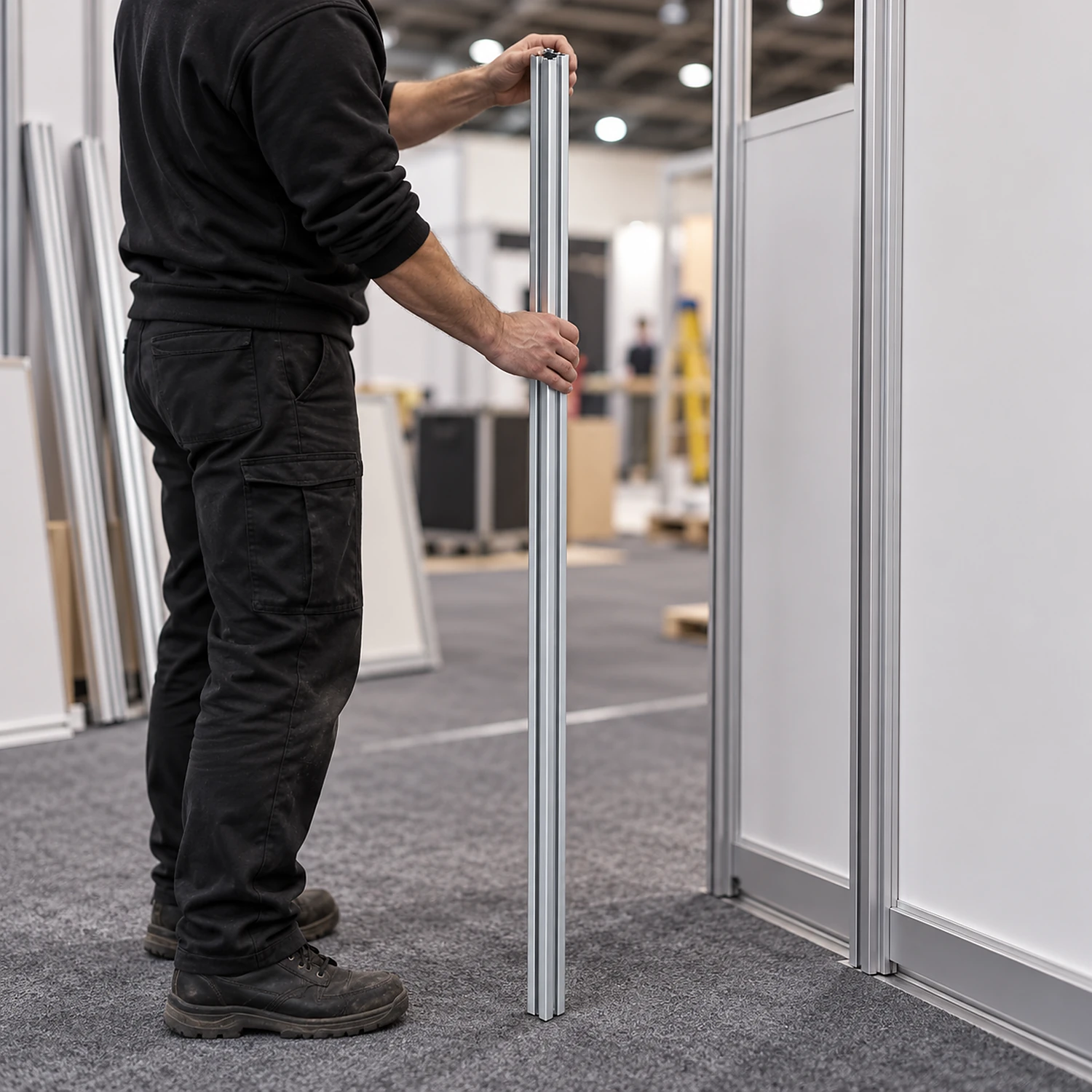 Stand builder holding the frame post upright during build-up