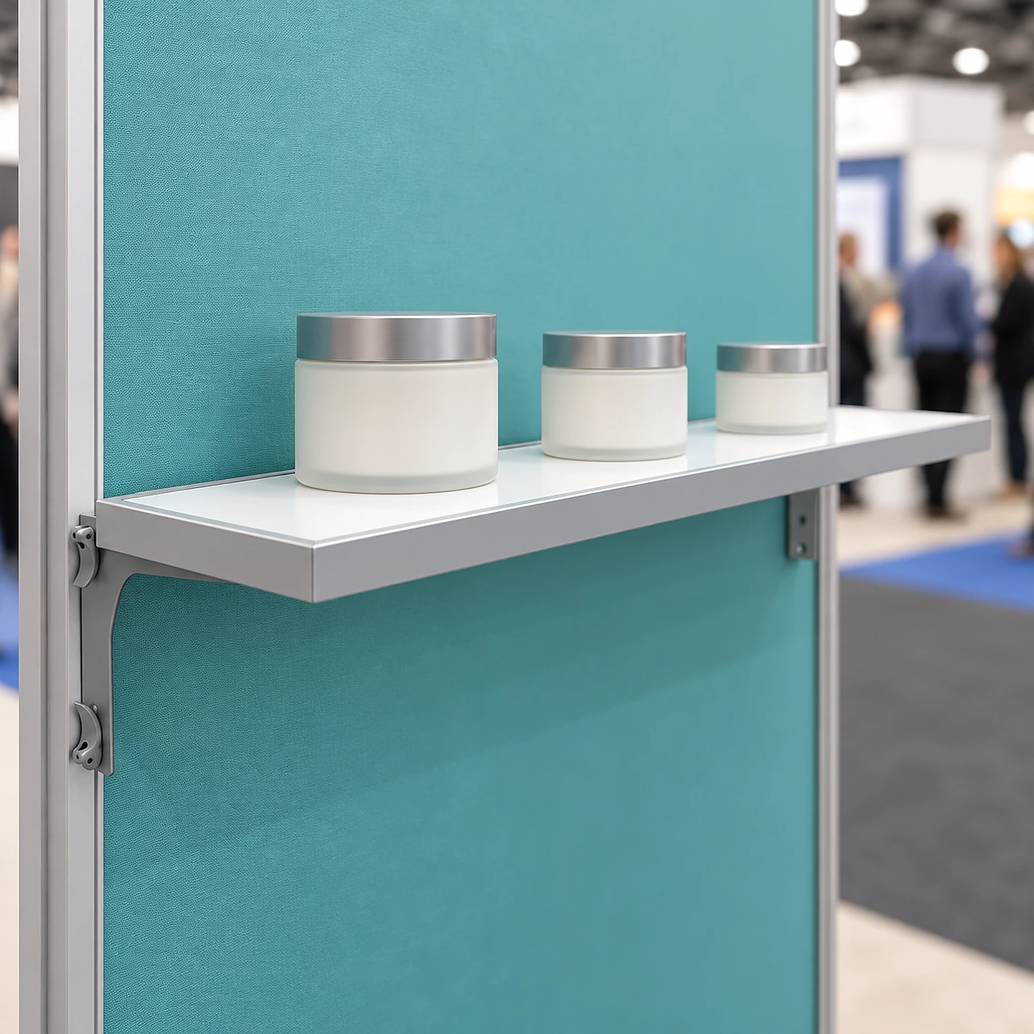 Shelf fitted on a fabric frame holding product jars
