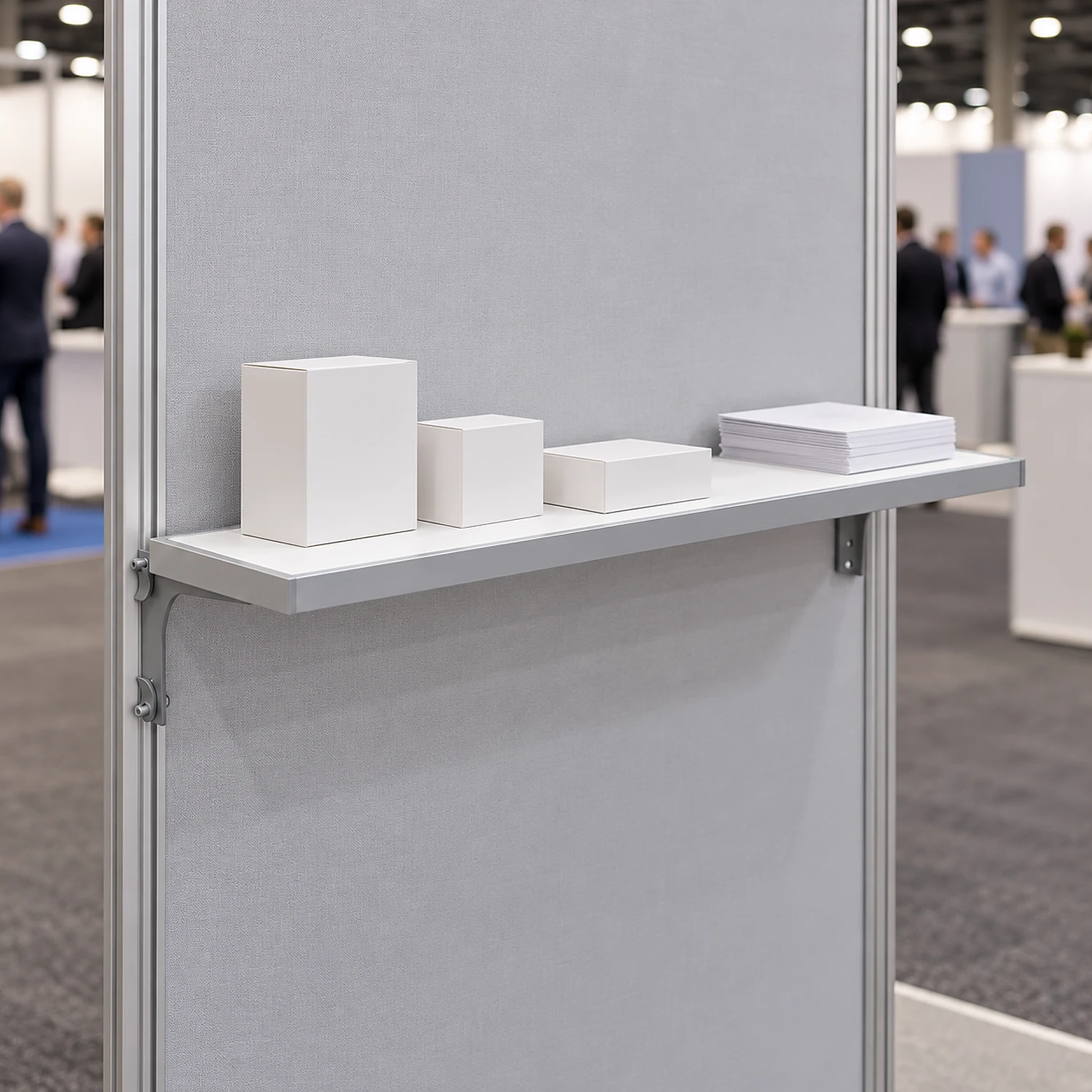 Shelf fitted on a fabric frame holding sample boxes and brochures