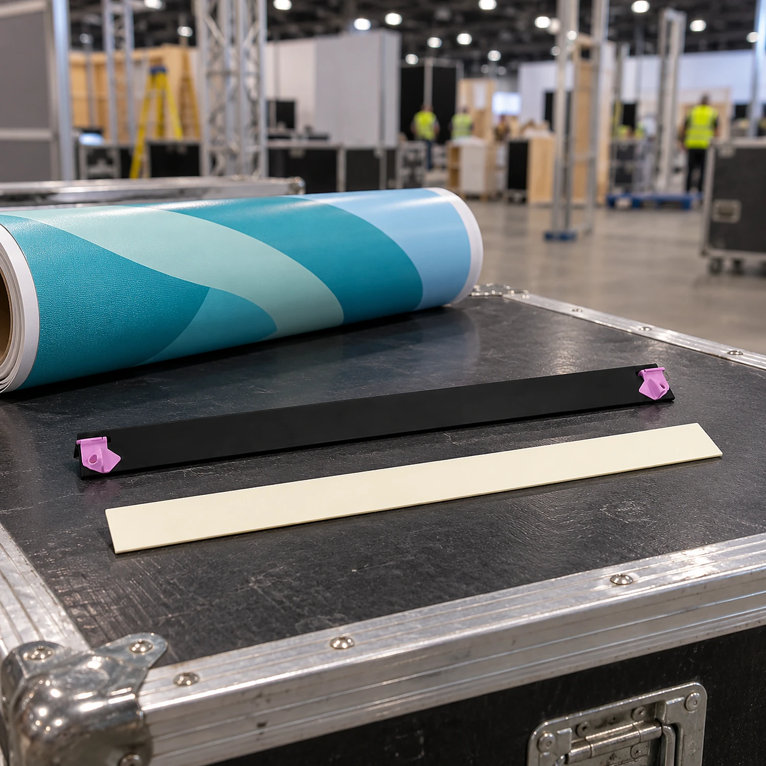 Hanger and kicker set on a flight case during build-up