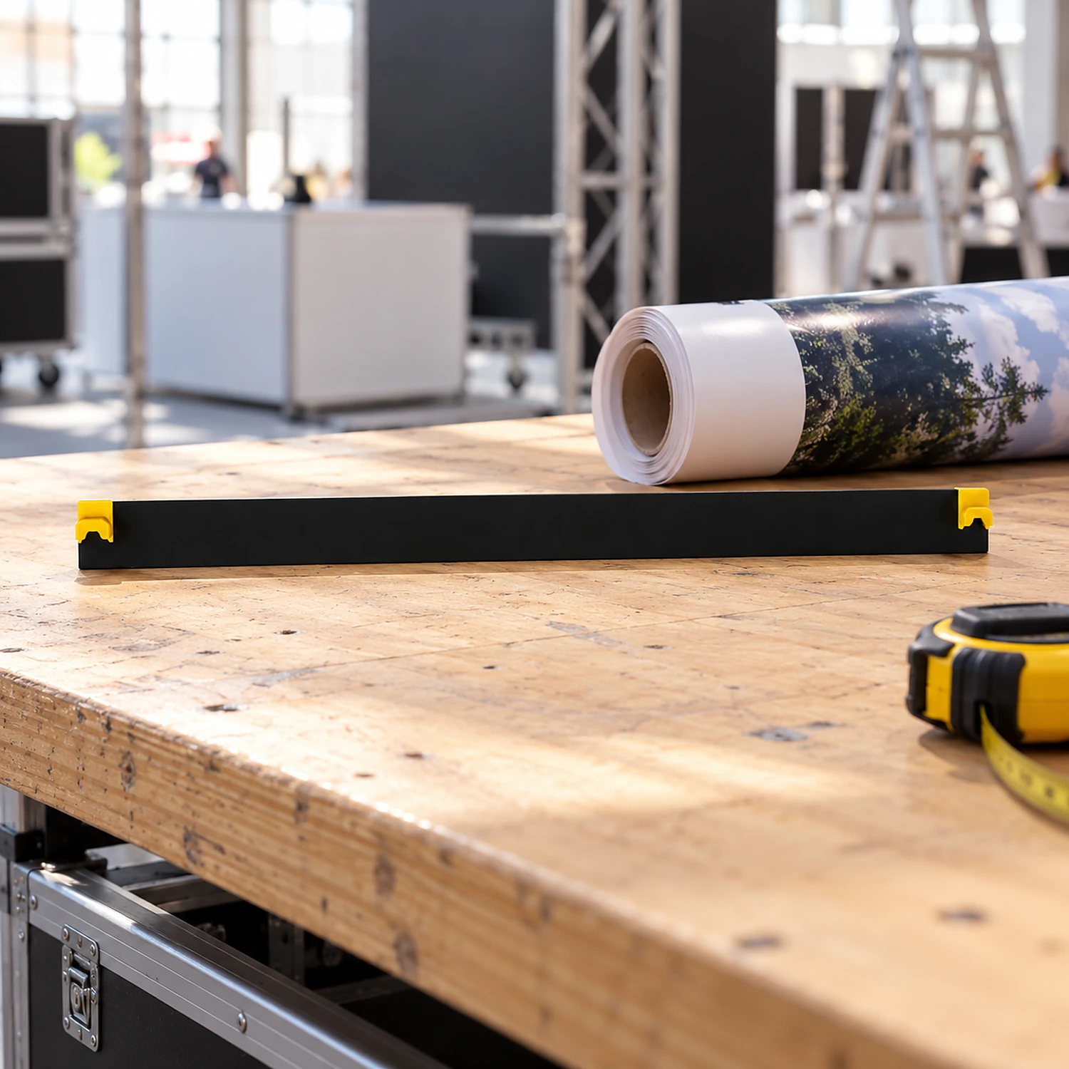 Front straight hanger on a workbench beside a rolled graphic