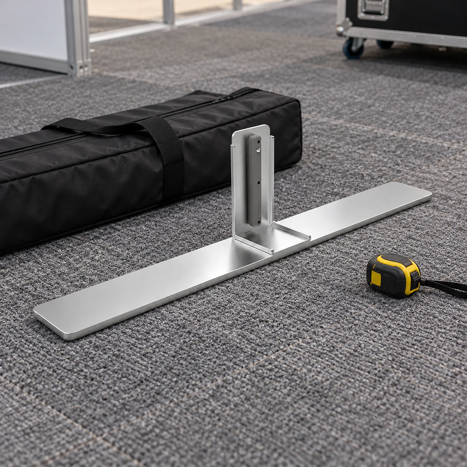 Full frame foot on exhibition hall carpet