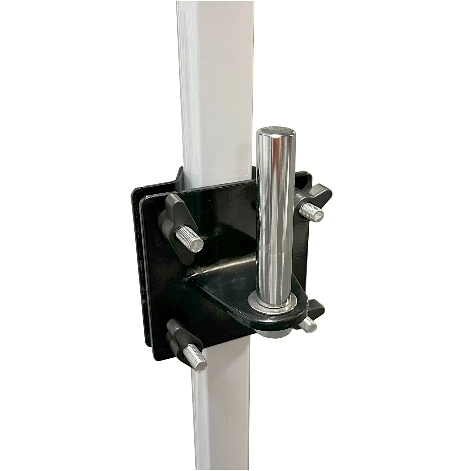 Clamp bracket on a gazebo leg seen from an angle