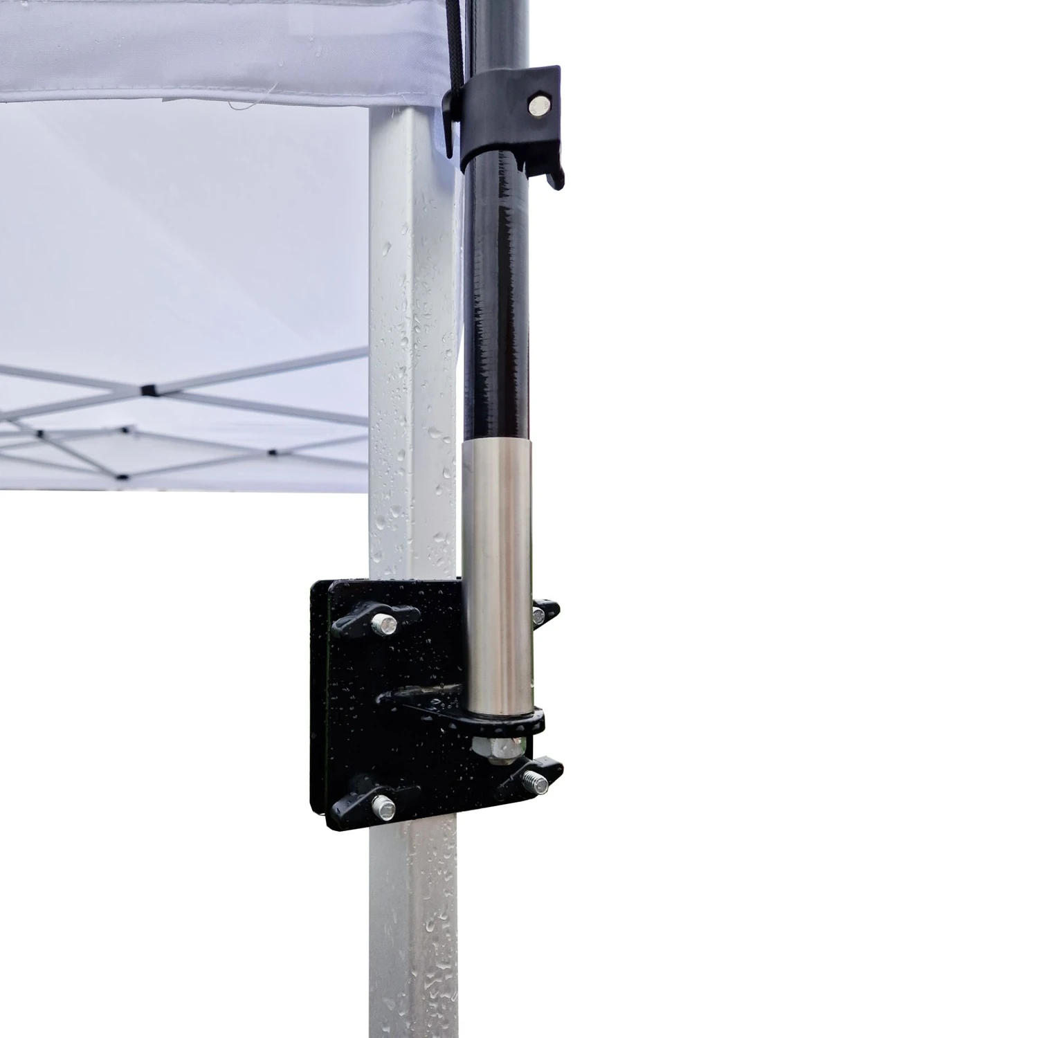 Clamp bracket holding a flag pole on a gazebo leg