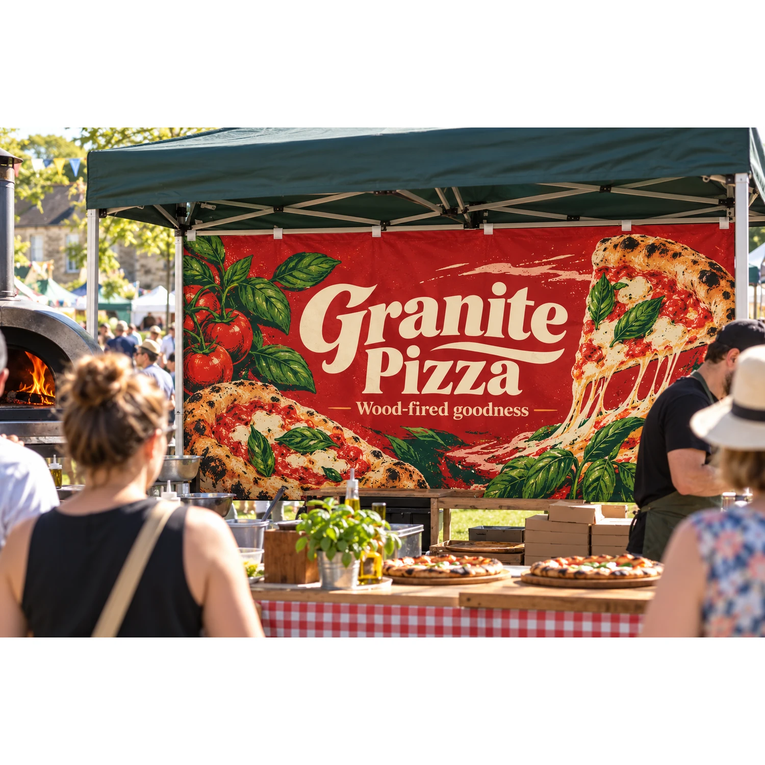 Printed full gazebo wall in use at a food festival stall