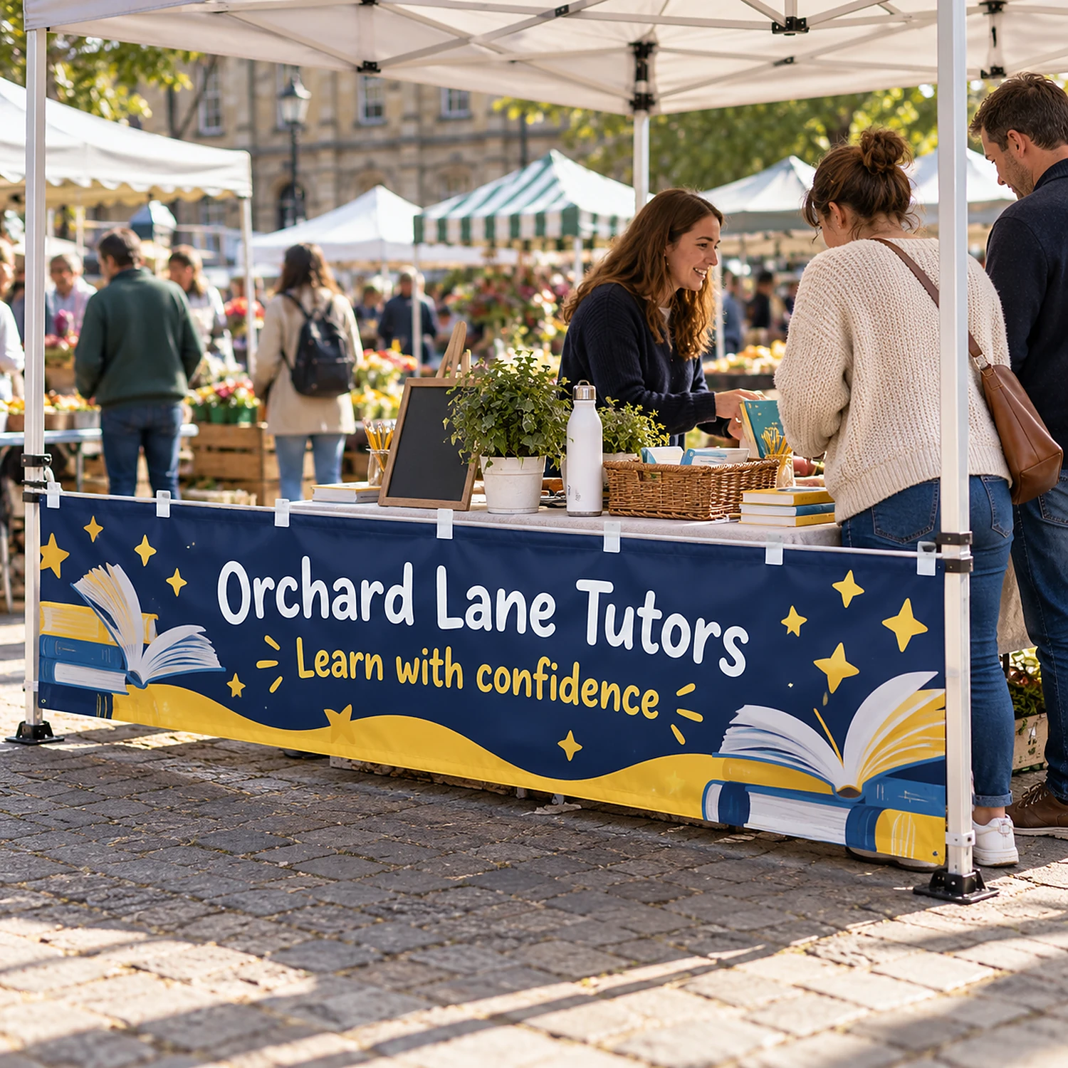 Printed gazebo half wall in use at a market stall
