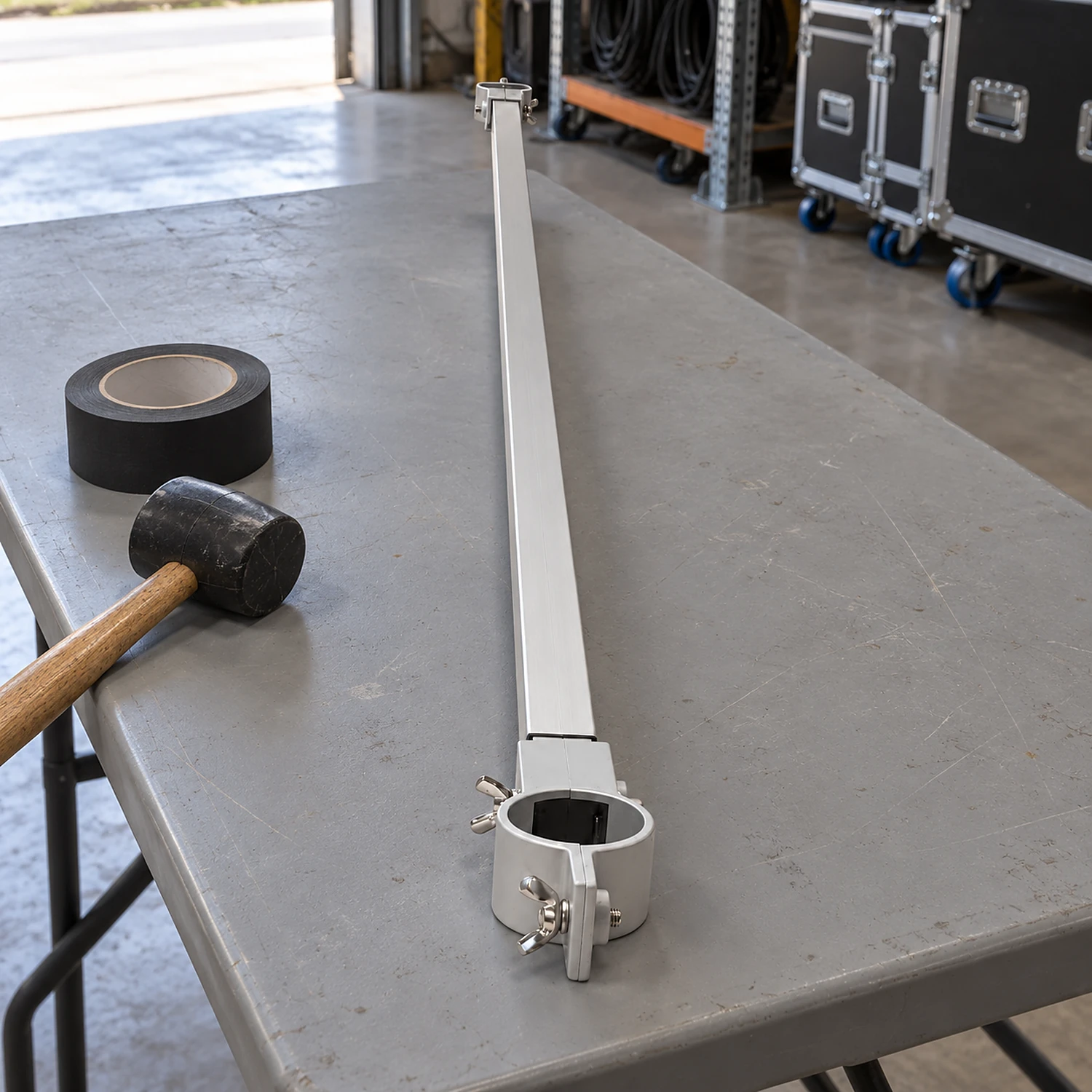 Half wall mounting bar on a trestle table in an event store