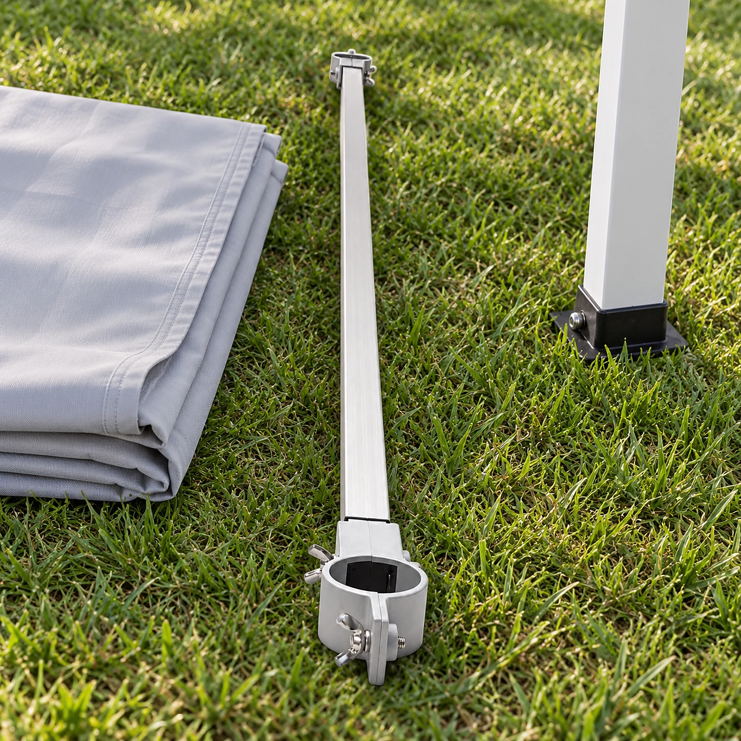 Half wall mounting bar on the grass during gazebo set-up
