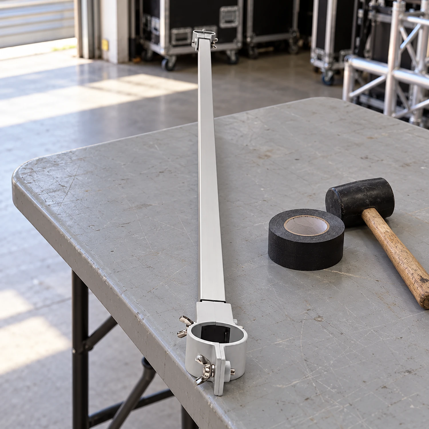 Half wall mounting bar on a trestle table in an event store