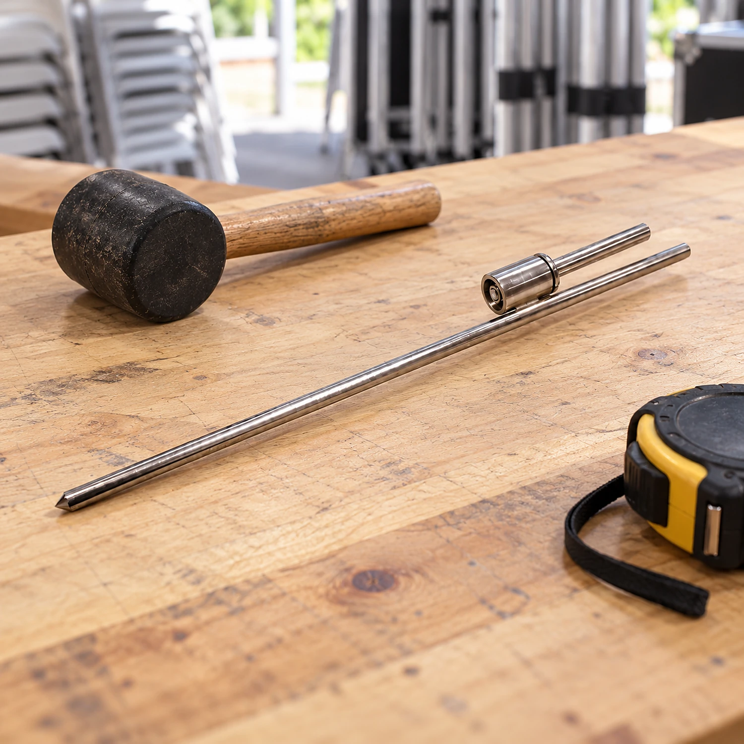 Ground spike on a workbench beside a mallet