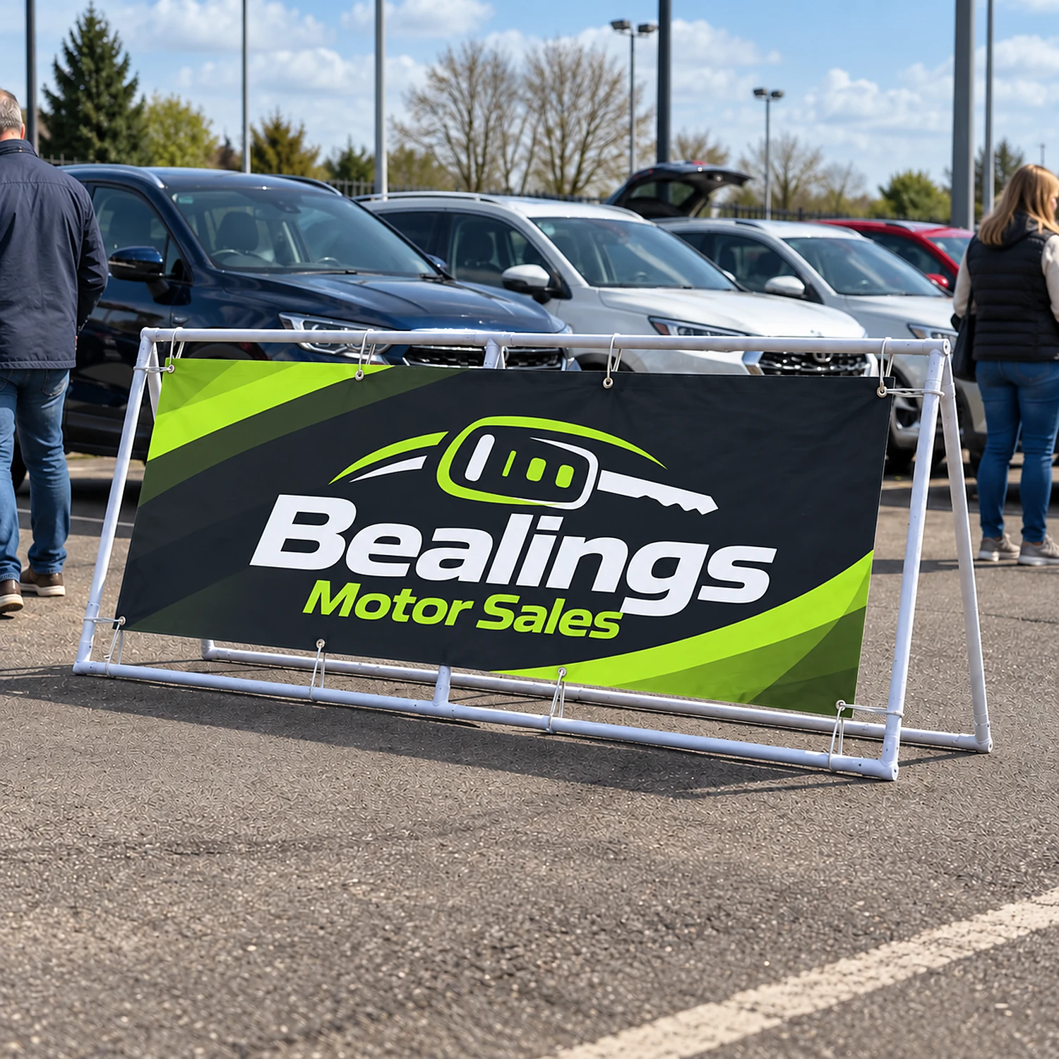 Heavy Duty Outdoor Banner Frame 3m x 1m - Double-Sided, shown with example artwork
