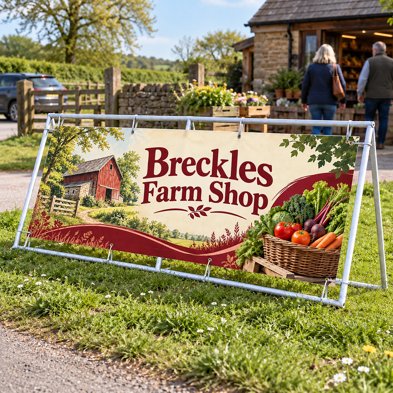 Heavy Duty Outdoor Banner Frame 3m x 1m - Double-Sided, shown with example artwork