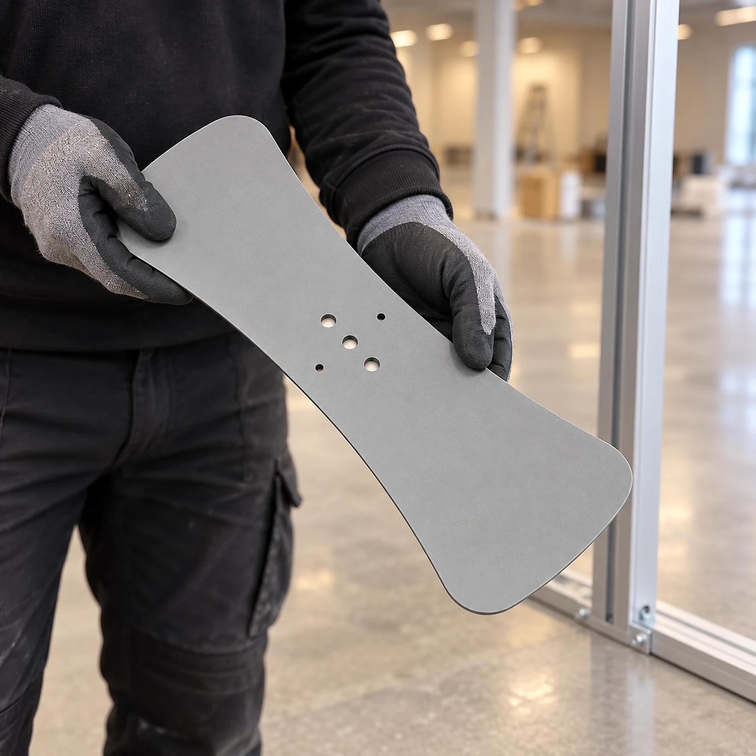 Fitter holding the heavy flat foot during a shop fit-out