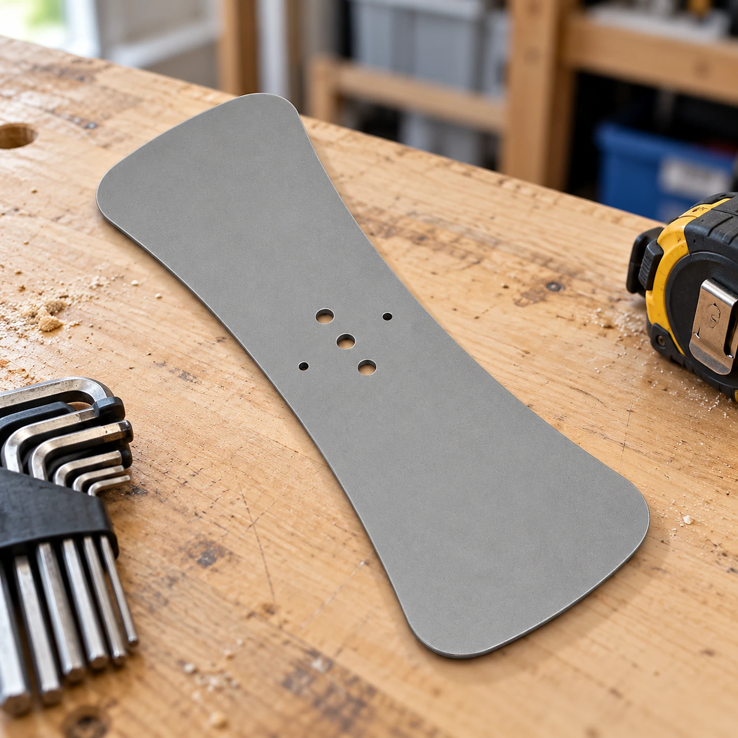 Heavy flat foot on a workbench with Allen keys and a tape measure