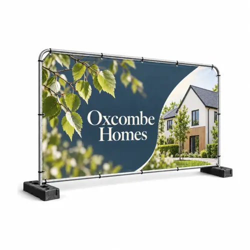 Heras Fence Banner 3.5m Panel, Premium Fabric Mesh, shown with example artwork