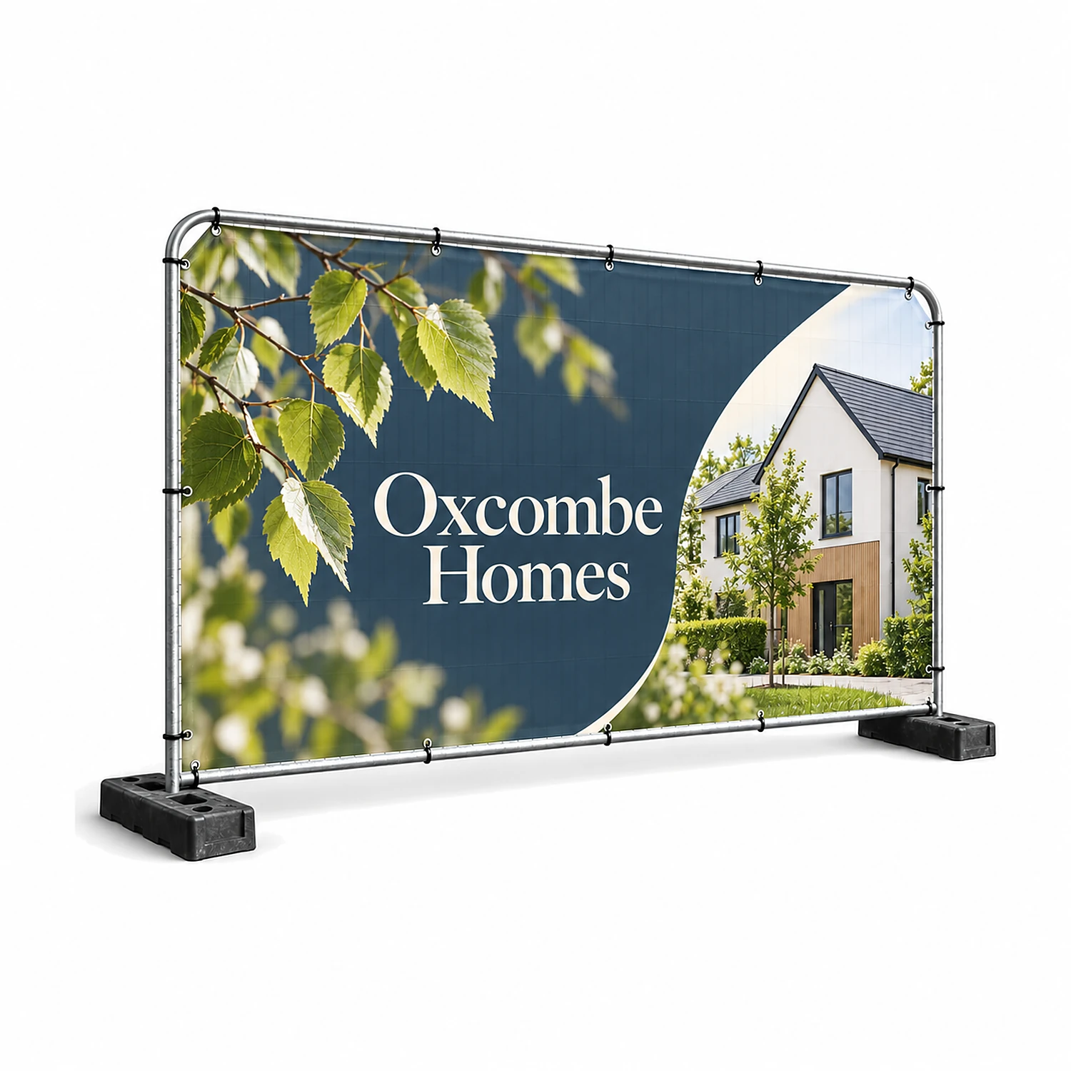 Heras Fence Banner 3.5m Panel, Premium Fabric Mesh, shown with example artwork