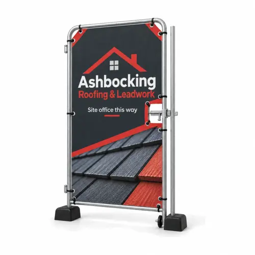 Heras Fence Pedestrian Gate Banner 1m, Premium Fabric Mesh, shown with example artwork