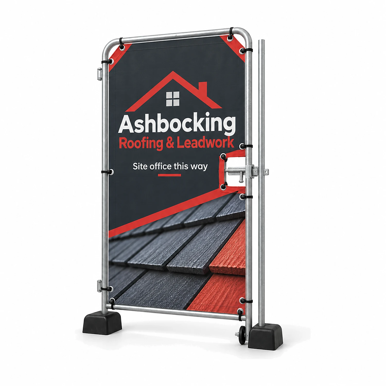 Heras Fence Pedestrian Gate Banner 1m, Premium Fabric Mesh, shown with example artwork
