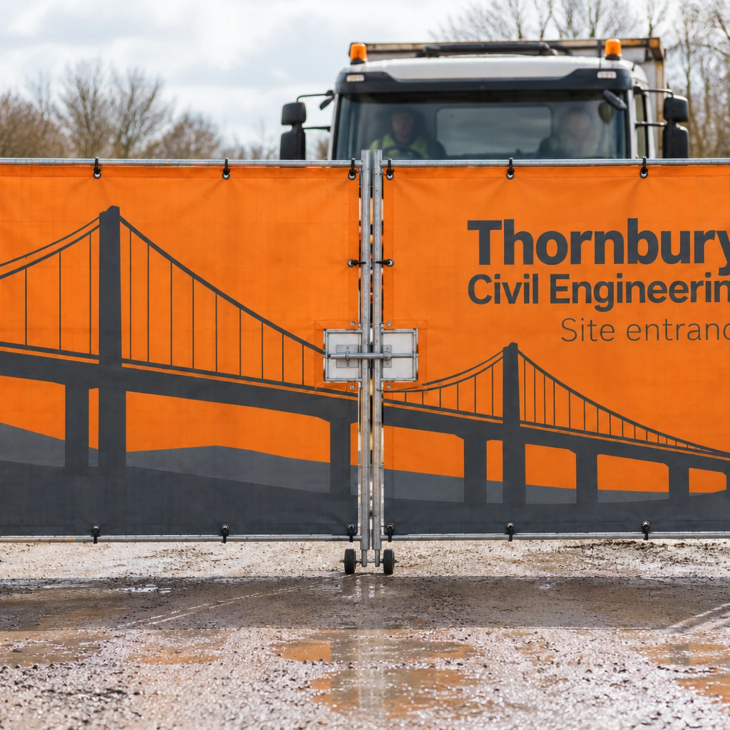 Heras Fence Vehicle Gate Banner Pair 4.2m in use at an event