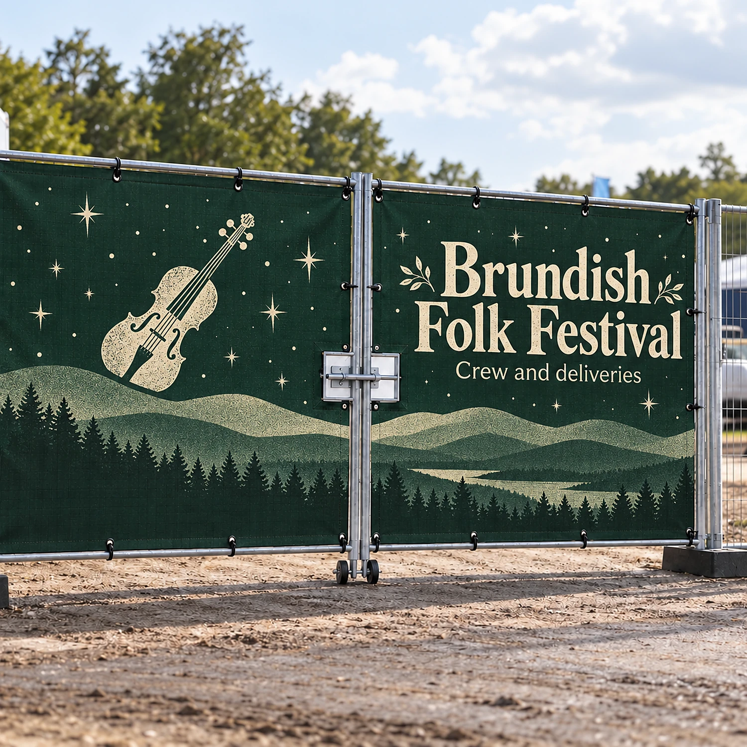 Heras Fence Vehicle Gate Banner Pair 4.2m, Premium Fabric Mesh, shown with example artwork