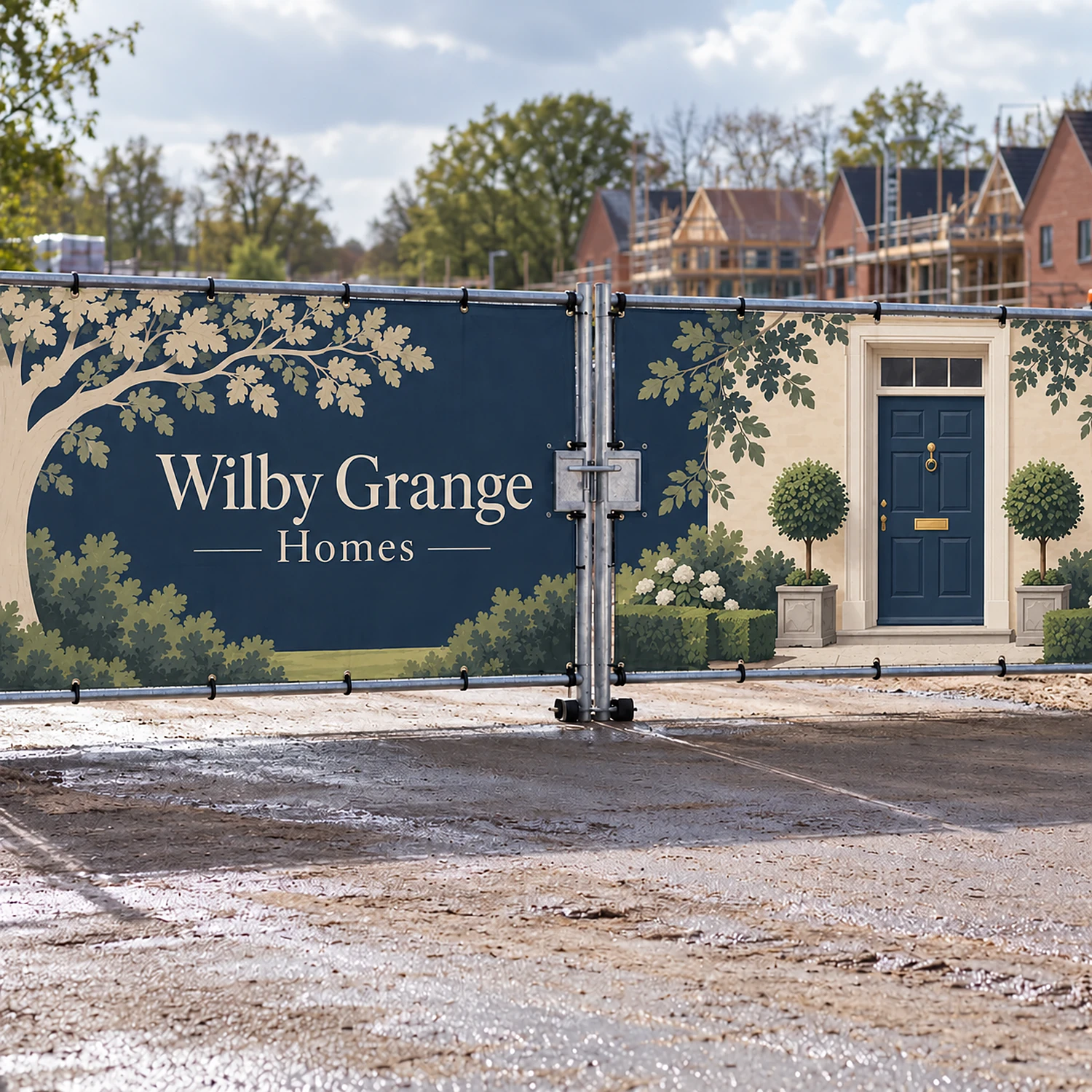 Heras Fence Vehicle Gate Banner Pair 7m, Premium Fabric Mesh, shown with example artwork