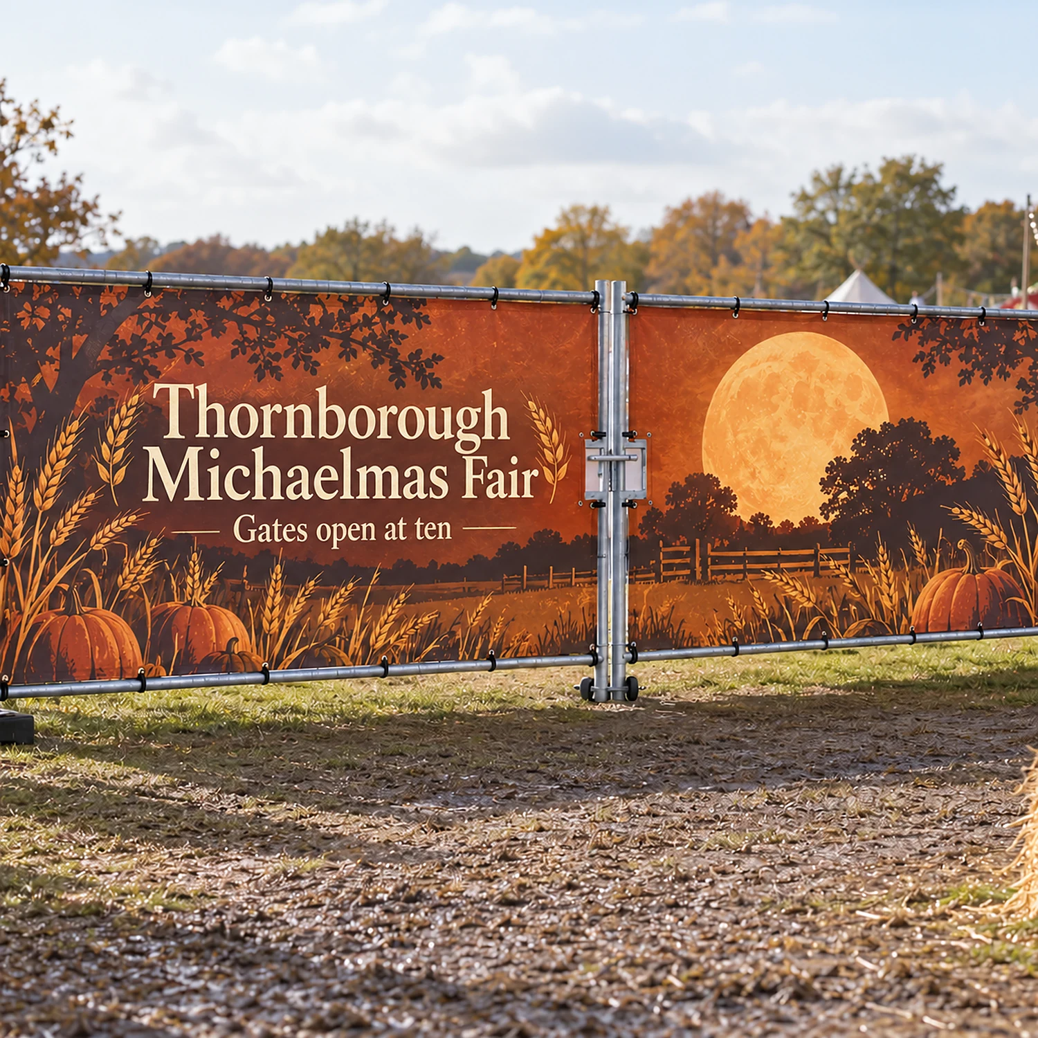 Heras Fence Vehicle Gate Banner Pair 7m, Premium Fabric Mesh, shown with example artwork