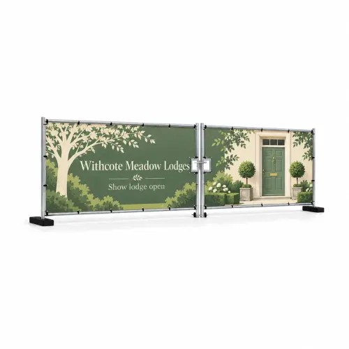 Heras Fence Vehicle Gate Banner Pair 7m, Premium Fabric Mesh, shown with example artwork