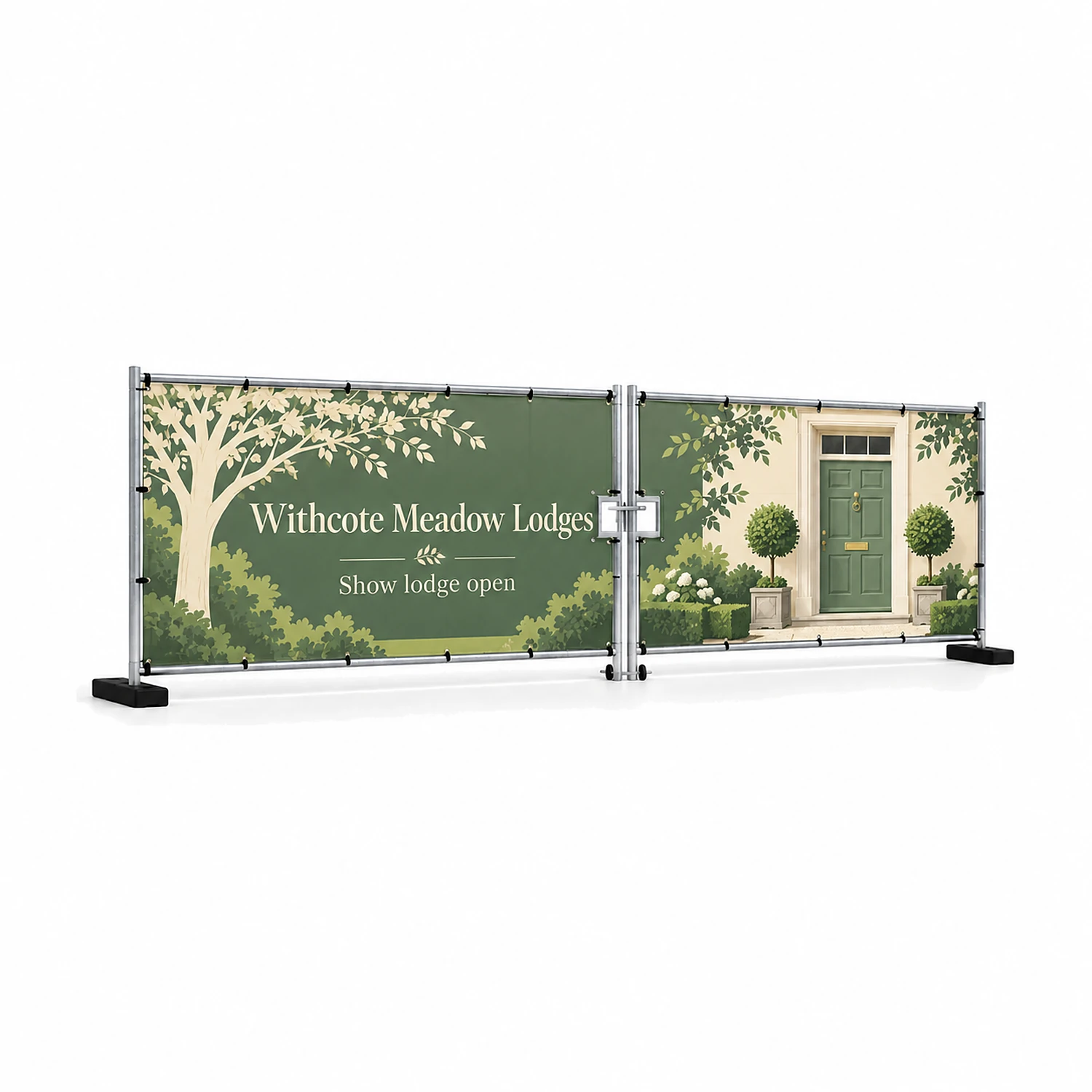 Heras Fence Vehicle Gate Banner Pair 7m, Premium Fabric Mesh, shown with example artwork