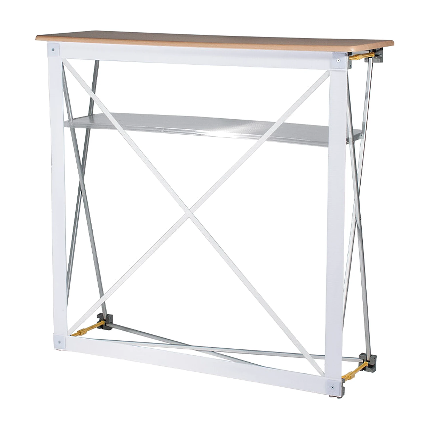 Fabric pop up counter frame from an angle